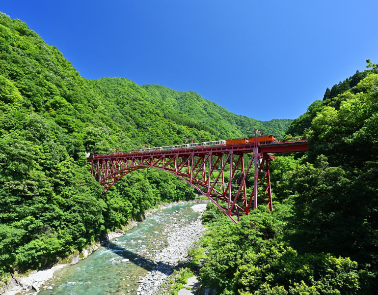 ▲新緑の黒部峡谷<画像提供:黒部峡谷鉄道>